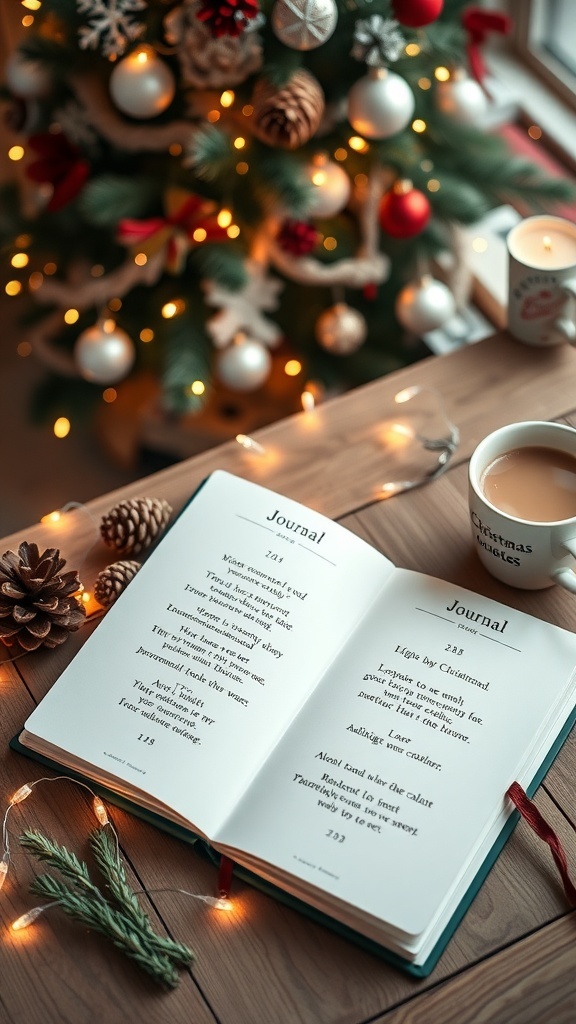 A Christmas Quotes Journal open on a wooden table with fairy lights and a cup of cocoa, set against a decorated Christmas tree.
